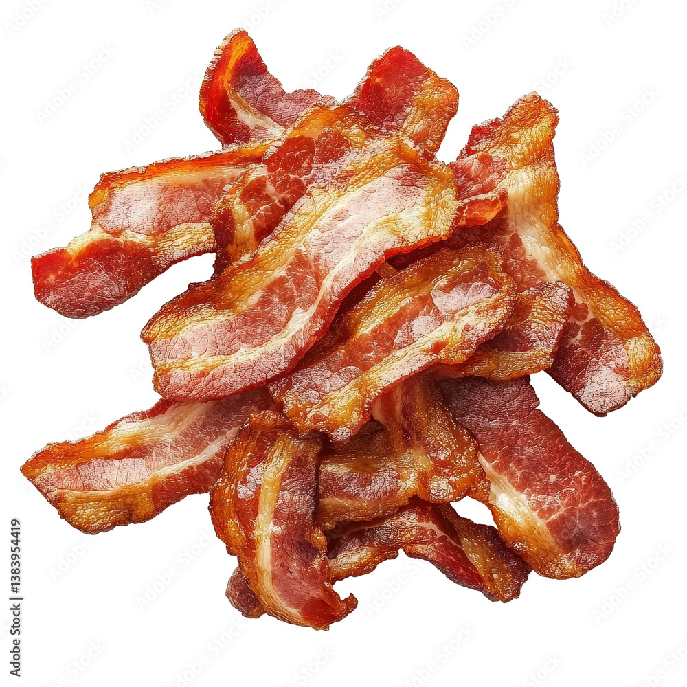 Poster crispy cooked bacon rashers arranged on a transparent background ready for serving in a meal, cooked