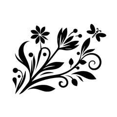 Floral Vector Silhouette: Black & White Flourish Design with Butterfly