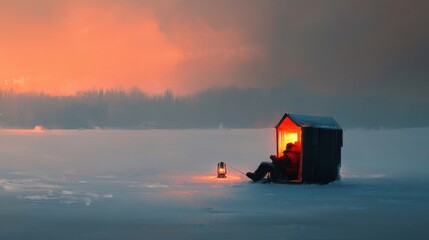 Fototapeta premium Cozy Ice Fishing Cabin at Dusk with Lantern Light Glow