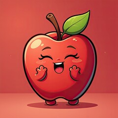 Animated Red  Cartoon Character with Fun Expression on Bright Red Background. A cartoon red  with a green leaf on its stem.