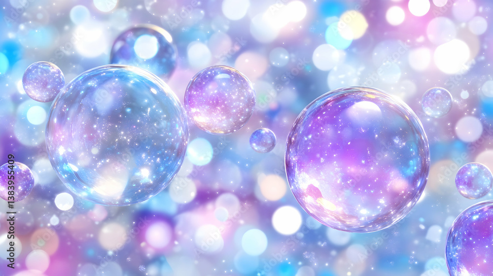 Poster shimmering pastel spheres float on a bokeh background