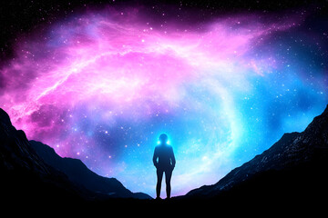 Fototapeta premium Silhouette of a person gazing at a vibrant, cosmic nebula above a mountain range at night