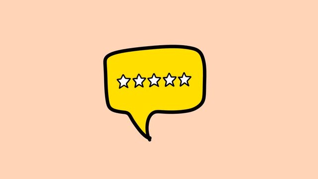 yellow speech bubble with 5 stars review icon, solid background