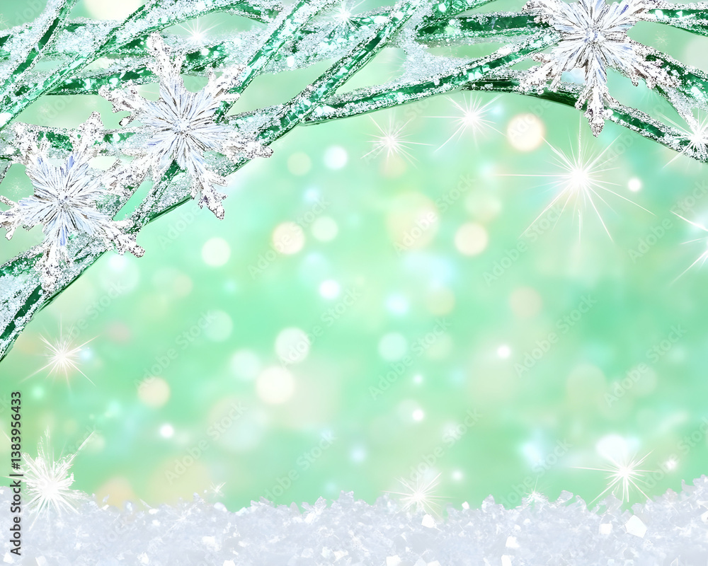 Poster sparkling icy branches and snowflakes on a soft green bokeh background with snow