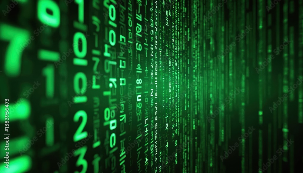 Poster Digital wall background, matrix style with numbers, letters. Green digital rain. Computer code, internet network program, coding, cyberspace, binary code, data stream, digits. Modern tech,