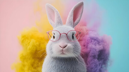Playful Bunny With Glasses In Colorful Powder Explosion