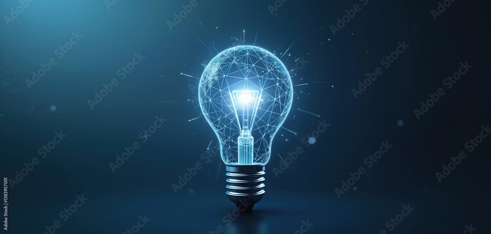 Poster digital wireframe lightbulb on blue background represents idea, innovation, tech. futuristic concept