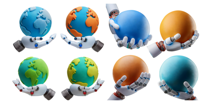 Colorful Globes in Robotic Hands Representing Technology and Sustainability, isolated on transparent background