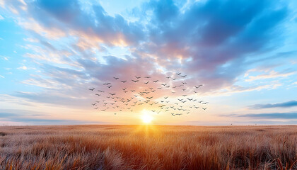 Sunset over golden field with flock of birds