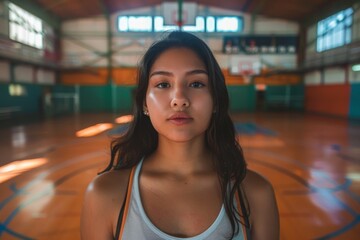 Obraz premium Portrait of a young Hispanic woman in indoor basketball court