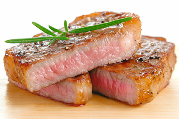 Three juicy, seasoned steak slices, medium-rare, garnished with rosemary, on a wooden board