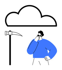 Person thinking while observing cloud shape and pickaxe, symbolizing cloud computing or mining. Ideal for data storage, problem-solving, creativity, innovation, analysis, technology challenges, flat