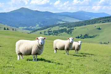 Fototapeta premium Three sheep graze in a lush green mountain pasture under a bright summer sky