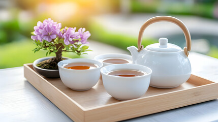Tranquil tea ceremony scene with teapot, cups, and bonsai