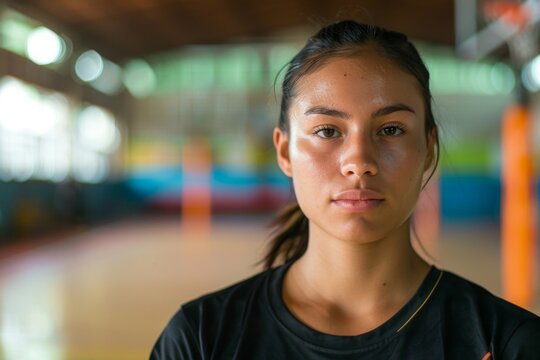 Portrait of a young Hispanic woman in indoor basketball court