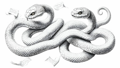 Obraz premium Two intertwined albino snakes, detailed scales, papers nearby
