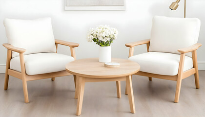 Two light-wood armchairs with off-white cushions face each other across a round wooden coffee table, with a vase of white flowers as a centerpiece in a bright minimalist room