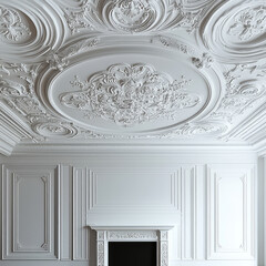 Elegant white plaster ceiling with intricate designs and moldings, classic architectural details that add sophistication to interior space