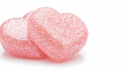 Two pink glitter heart-shaped candies on white background