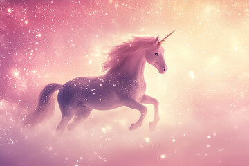majestic unicorn galloping through a dreamy pastel cloudscape under a sparkling sky