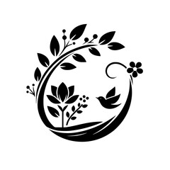 Elegant Botanical Crest with Bird, Lotus, and Floral Elements