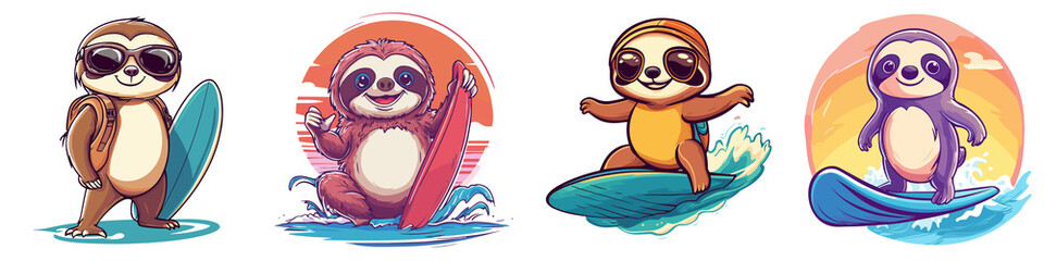 Obraz premium Cute Surfing Sloths with Surfboards in Fun Summer Poses Ideal for Beach-Themed Designs and Summer Holiday Promotions