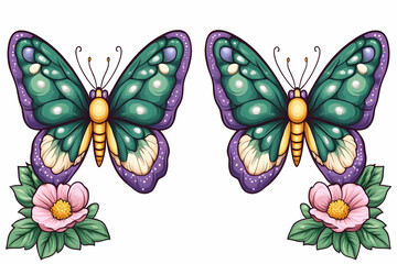 Two teal and purple butterflies with pink flowers