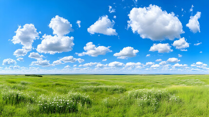 Obraz premium Vast green field under a vibrant blue sky dotted with fluffy white clouds