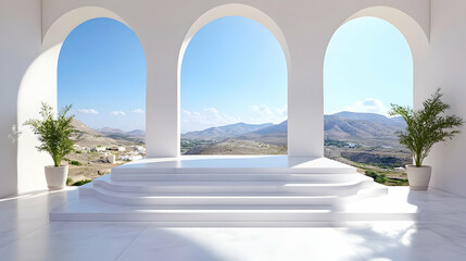 Fototapeta premium White architecture with three arched windows overlooking a scenic mountain view