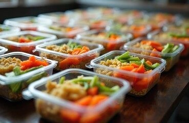 Packaged meals in clear plastic containers ready to serve. Prepared meals for soup kitchen, food bank, homeless shelter. Nutritious food with grains, carrots, green vegetables for distribution. Food