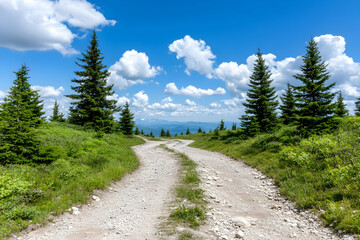 Fototapeta premium Winding gravel road through a mountain landscape with evergreen trees under a bright blue sky