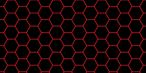 Abstract Red and Black Hexagonal Tile Texture. Seamless Red Hexagon Pattern with Dark Background. Cyber Honeycomb Structure, Red Hex Grid. 