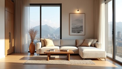 Modern living room interior with minimalist japandi style. Beige sofa, wooden table, panoramic window with city, mountains view. Cozy apartment with natural light, wooden furniture, art. Stylish home