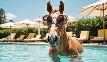Horse wearing sunglasses enjoying poolside relaxation