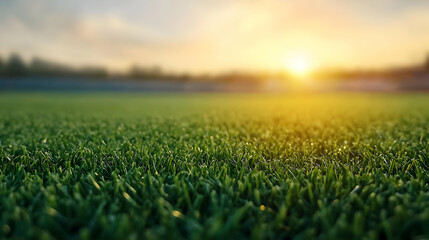 Fototapeta premium Close Up View Of Green Grass Field At Sunset
