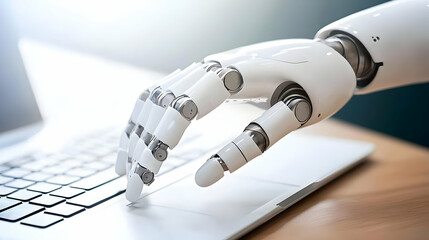 White Robotic Arm Typing On Laptop Keyboard