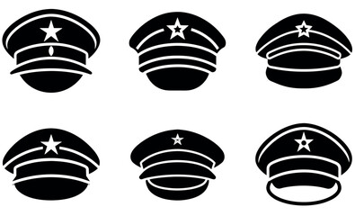 Military Cap Icon Set – Black Vector Army Hat Illustrations with Star Badge Symbols
