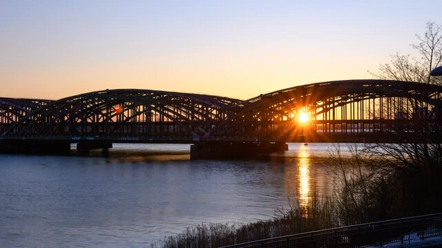 Hamburg, Germany, time lapse, sunset: The Hamburg Elbe Bridges are several independent bridge structures that cross the Elbe River in Hamburg