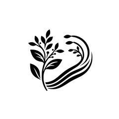 Naklejka premium Minimalist Nature Logo: Black Plant & Flowing Lines on White
