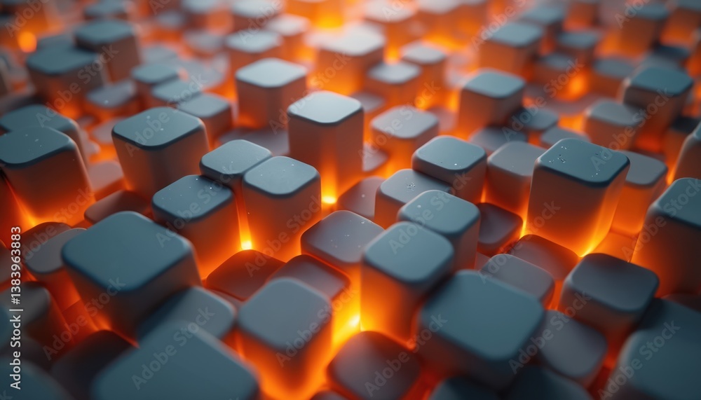 Poster abstract background with geometric shapes illuminated by warm orange light. 3d cubes, square blocks,