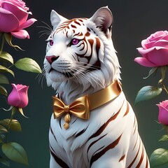 "Elegant Tiger with Pink Flower Collar and Lush Green Leaves &ndash; Symbol of Strength and Grace"