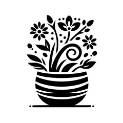 Black and White Floral Arrangement in Striped Pot - Minimalist Design