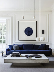 modern living room featuring navy blue sofa, minimalist decor, and stylish coffee table. space is bright and airy, with elegant artwork and unique lighting fixtures