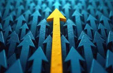 Yellow arrow points upwards, standing out against blue arrows. Leadership, direction, success, goal, innovation, motivation. Represents growth, progress, opportunity in business, finance, tech. - obrazy, fototapety, plakaty