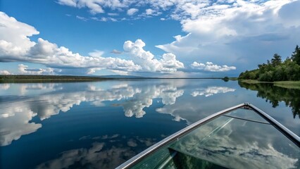 A clear glass surface with clouds reflecting on a still lake behind.