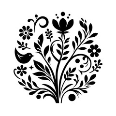 Floral Circle Design: Folk Art Illustration in Black and White