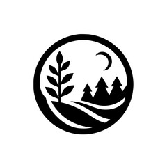 Monochrome Nature Emblem: Silhouette of Landscape & Crescent Moon