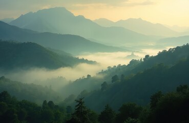 Foggy mountain landscape with layers of hills and forest. Serene scenery, nature beauty, fresh air, peace and quiet, travel destination, eco tourism and recreation. Morning misty atmosphere.