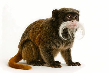 Tiny primate with striking white mustache sitting alert against a neutral backdrop, highlighting unique facial features.