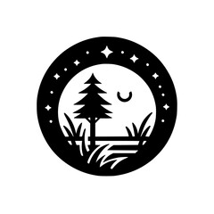 Minimalist Nature Circle Icon: Tree, Moon & Stars